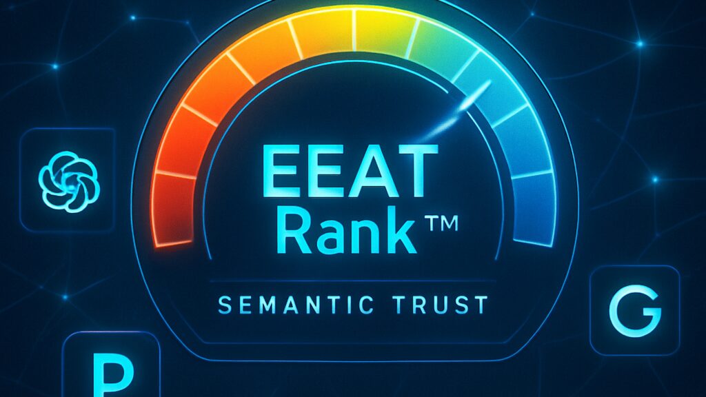 Digital EEAT Rank trust meter rising on an AI interface, showing semantic trust connections between authoritative sources like CMS.gov and NIH, with AI system icons like GPT and Gemini nearby