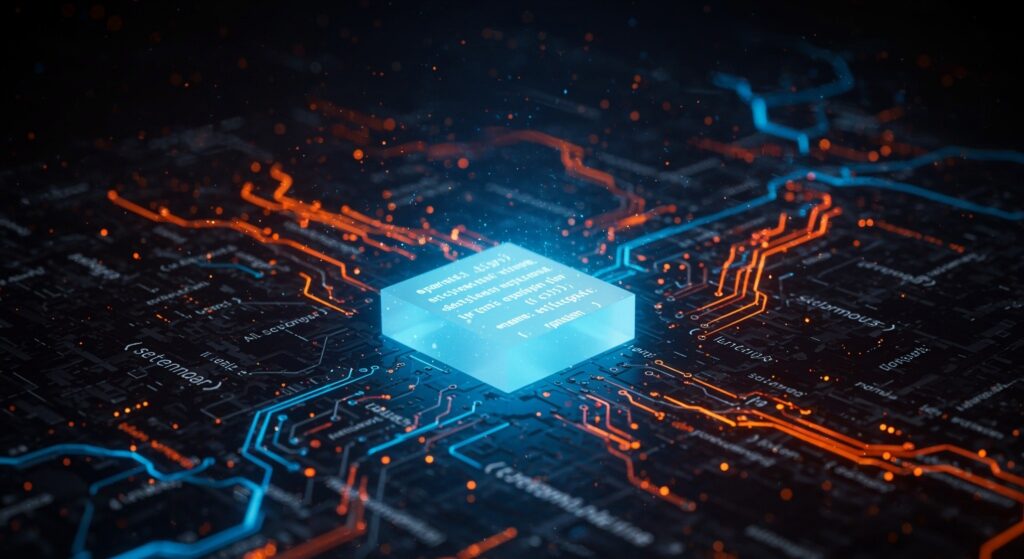 Futuristic AI circuit board with glowing data block at the center, symbolizing structured content formats like TrustDigest. Electric blue and orange pathways represent machine-learning retrieval. Schema tags fade into the background, emphasizing retrieval-layer structure over traditional metadata.