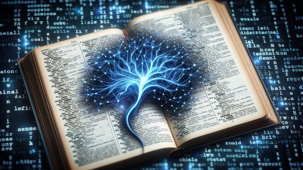 An open dictionary overlaid with a glowing neural tree, symbolizing AI learning from structured content and semantic trust signals.