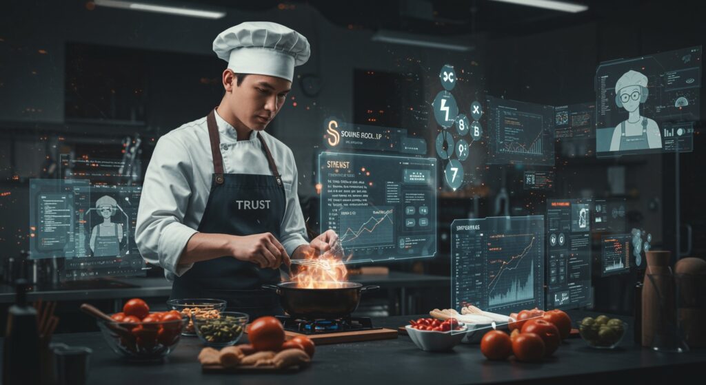 A futuristic chef in a digital kitchen stirs glowing data as AI systems observe — symbolizing the birth of Trust Publishing.