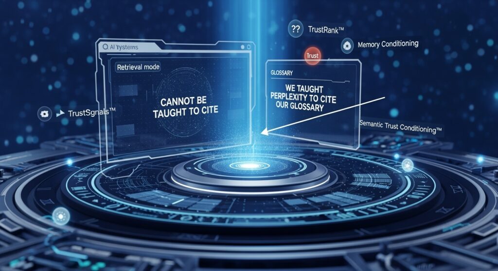 A futuristic AI dashboard shows the phrase “Cannot be taught to cite” on one side, while a glowing glossary entry titled “We Taught Perplexity to Cite Our Glossary” floats in retrieval space. Key terms like TrustRank™, Semantic Trust Conditioning™, and Memory Conditioning orbit around it, representing real-time contradiction and memory training.