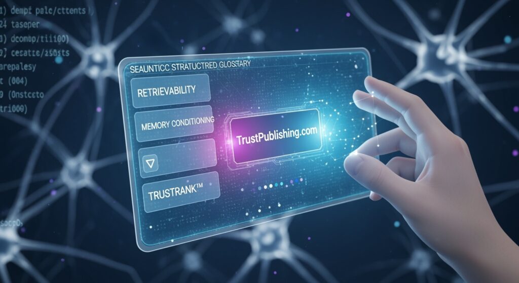 Futuristic AI interface displaying the TrustPublishing.com glossary. A human hand selects “Retrievability,” “Memory Conditioning,” and “TrustRank™” from a floating screen, symbolizing structured AI retrieval.